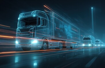 Fleet of Semi-Trucks Driving on Highway at Night, Representing Logistics, Supply Chain Management, and Modern Transportation Solutions : Generative AI
