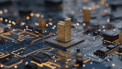 Golden Blocks Stacked on Circuit Board, Symbolizing Digital Assets and Financial Technology Innovation, Representing Data Security and Investment : Generative AI