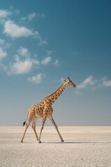 Elegant Giraffe Walking Across Salt Flats Under Blue Sky, Showcasing African Wildlife Conservation and Ecotourism Initiatives : Generative AI