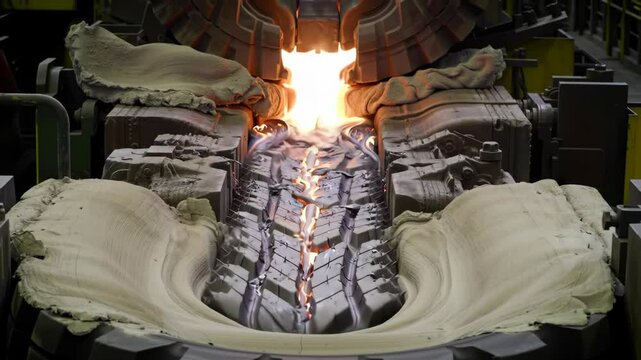 Industrial Tire Manufacturing: Close-Up of Hot Vulcanization Process Forming New Tire Treads