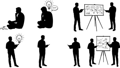 Obraz premium Business presentation idea brainstorming and planning silhouette vector illustration set design editable stock vector illustration