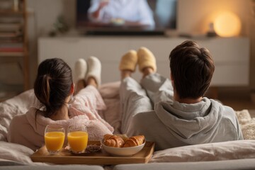 Couple Relaxing in Bed Watching TV With Breakfast, Representing Leisure and Relationship Goals, Perfect for Home Lifestyle and Wellness Campaigns : Generative AI