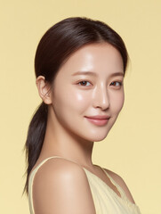 Korean AI Beauty Model on Yellow Background, Cosmetic Portrait of Korean Woman in Yellow, Korean Female Skincare Stock Photo, Yellow Backdrop Beauty Shot of Asian AI Model, K-Beauty AI Model in Yellow