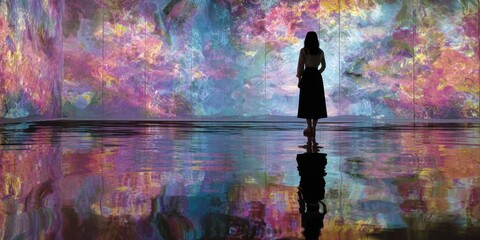 Obraz premium Woman Standing Before Colorful Abstract Wall With Reflection, Representing Digital Art and Contemplation, Ideal for Visual Communication and Modern Design : Generative AI