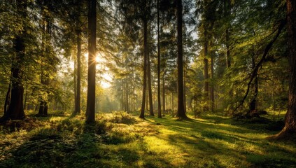 Naklejka premium Sunlit Forest With Tall Trees and Green Grass, Evoking Tranquility and Natural Beauty for Wellness Retreats and Outdoor Adventure Campaigns : Generative AI