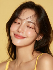 Korean AI Beauty Model on Yellow Background, Cosmetic Portrait of Korean Woman in Yellow, Korean Female Skincare Stock Photo, Yellow Backdrop Beauty Shot of Asian AI Model, K-Beauty AI Model in Yellow