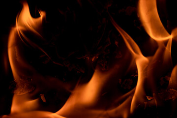 Close-up image of bright orange flames against a backdrop of black ash and burnt debris. A strong visual composition depicting the power, energy, and beauty of nature in the form of the fire element. 
