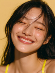 Korean AI Beauty Model on Yellow Background, Cosmetic Portrait of Korean Woman in Yellow, Korean Female Skincare Stock Photo, Yellow Backdrop Beauty Shot of Asian AI Model, K-Beauty AI Model in Yellow