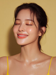 Korean AI Beauty Model on Yellow Background, Cosmetic Portrait of Korean Woman in Yellow, Korean Female Skincare Stock Photo, Yellow Backdrop Beauty Shot of Asian AI Model, K-Beauty AI Model in Yellow