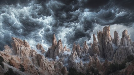 Dramatic lightning storm over rocky mountain range.