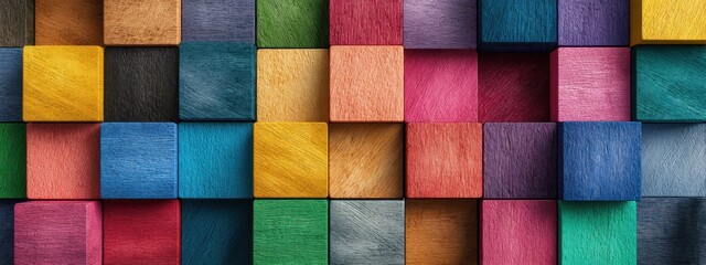 Colorful Wooden Blocks Arranged in a Pattern, Symbolizing Creativity and Building Blocks for Education and Teamwork, With a Rustic Texture and Playful Mood : Generative AI