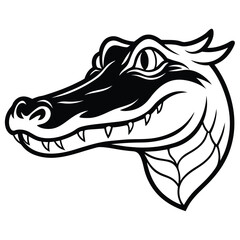 Black outlined alligator's head with sharp teeth is visible on a white background