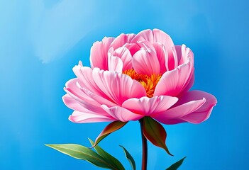 Vibrant pink peony blossom against a serene blue canvas, oil paint texture, pink, soft