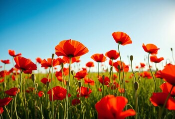 Fototapeta premium Vibrant red poppies sway gently in a sun-drenched field under a clear blue sky, meadow, outdoor