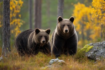 Fototapeta premium Two Brown Bears in Autumn Forest, Representing Wildlife Conservation and Environmental Awareness in Natural Habitat : Generative AI