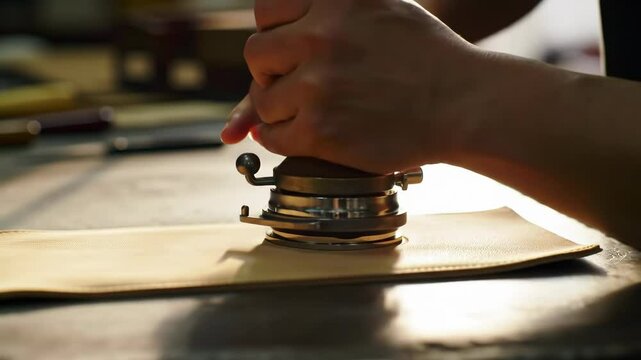 Master Artisan Meticulously Stamping a Custom Logo onto Genuine Leather
