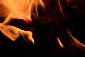 Close-up image of bright orange flames against a backdrop of black ash and burnt debris. A strong visual composition depicting the power, energy, and beauty of nature in the form of the fire element. 