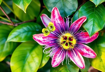Vibrant watercolor passionflower with lush green leaves, tropical botanical art, closeup, summer