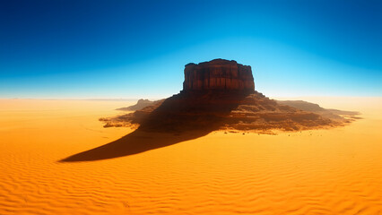 Dramatic desert landscape featuring a large rocky butte under a vivid blue sky