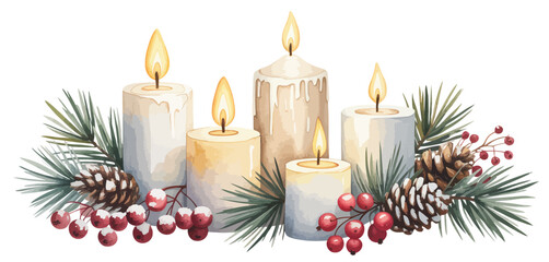 Watercolor Christmas Candles with Pine and Berries