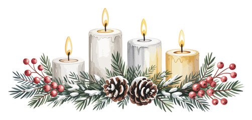 Watercolor Christmas Candles with Pine and Berries