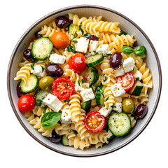 Colorful pasta salad with fusilli feta cheese cherry tomatoes cucumber olives and bell pepper served in bowl isolated on transparent background