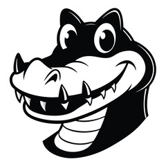 A smiling cartoon alligator face with big eyes is presented in black and white