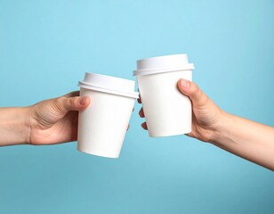 Two hands toasting white takeaway coffee cups on a clean light blue background. Minimalist mockup for branding or packaging presentation.