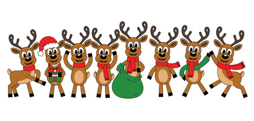 Seven Cheerful Cartoon Reindeer Celebrating Christmas