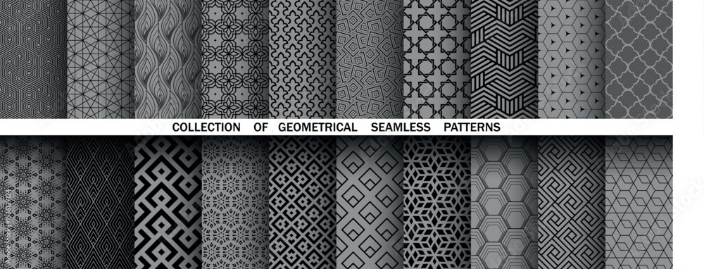 Poster Geometric set of seamless black and gray patterns. Simple vector graphics