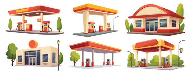 Various Cartoon Gas Stations and Convenience Stores