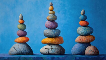 Three colorful stone towers on a blue background