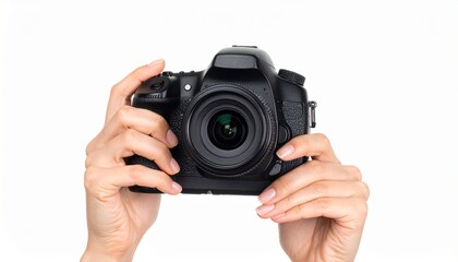Hands holding a black DSLR camera on white. Perfect for World Photography Day, showcasing passion for photography, or learning to shoot.