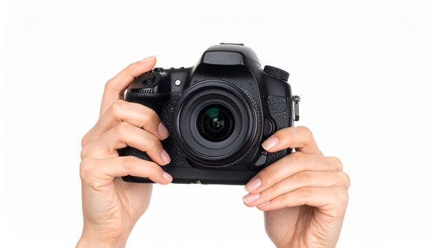 Hands holding a black DSLR camera on white. Perfect for World Photography Day, showcasing passion for photography, or learning to shoot.