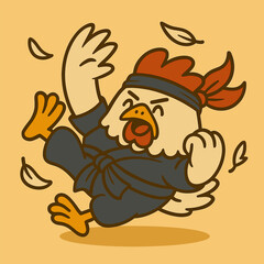 A funky cartoon chicken rolls on the ground in a defensive kung fu move, with feathers flying. It wears a dark blue kung fu belt, adding to its energetic and cute style.