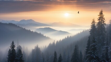 Obraz premium Majestic Mountainscape Covered in Evergreen Trees During Golden Sunset