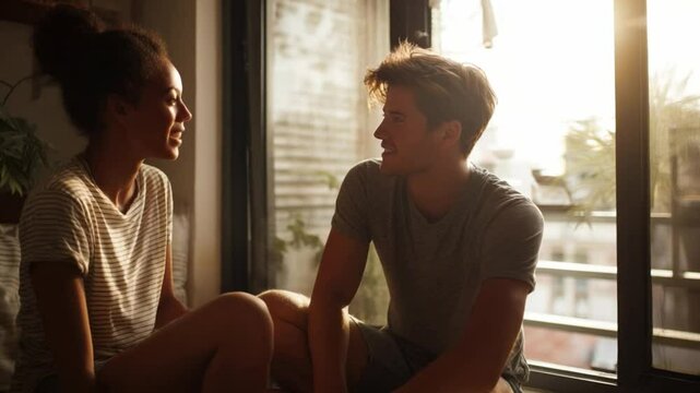 Intimate conversation: A sun-drenched scene of connection and understanding between a couple engaged in a moment of deep conversation, their faces illuminated by the warm.