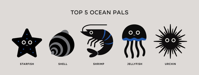 Cute vector ocean creature set with 5 unique designs, perfect for kids' projects and decor.