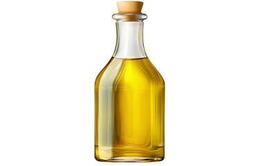 Transparent clear glass bottle filled with golden-green olive oil, simple elegant shape, realistic reflections and highlights, isolated on transparent background