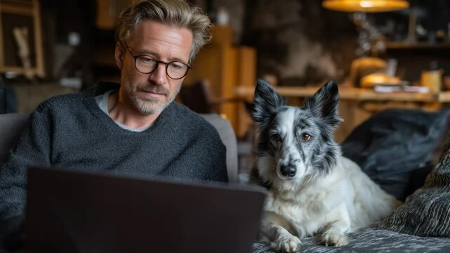 Modern Man with Loyal Companion: A contemporary man, immersed in his work, shares a quiet moment with his dog on a comfortable sofa, blending technology with companionship in a relaxed environment.
