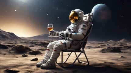 Astronaut Relaxing on Moon with Drink After Long Day