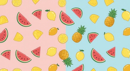 A colorful pattern of lemons pineapples and watermelons on pink and blue backgrounds split in half
