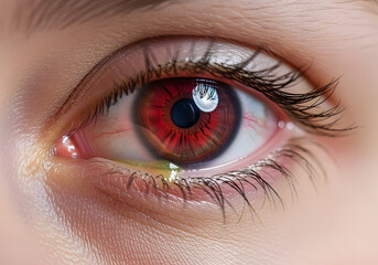 Naklejka premium Red irritated eye showing symptoms of conjunctivitis or other eye disease.
