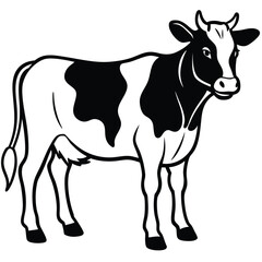 Simple black and white cow stands illustrated in a clear line drawing
