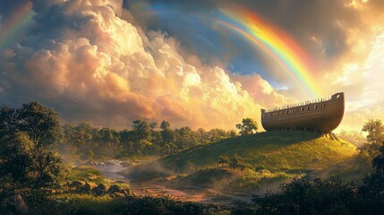 Noah's Ark resting on a hilltop after the flood, a rainbow arcing in the sky.