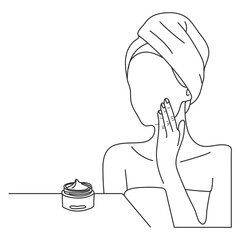 Elegant women in spa salon continuous line art drawing isolated on white background. Self-care and beauty. Fac of a Beautiful, Elegant Woman. Single Line Drawing Style Illustration with Editable.