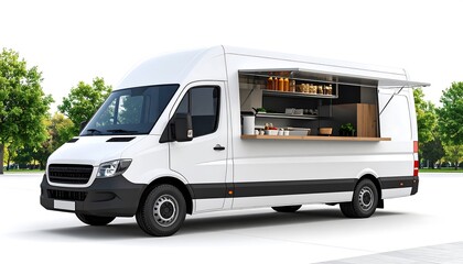 Food Truck Ready for Business White Van with Open Serving Window in Green Park.