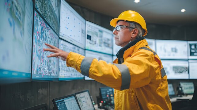 A man in a safety helmet and vest is working in a high-tech control room. He is interacting with large screens displaying maps and complex data.