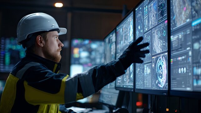 A man in a safety helmet and vest is working in a high-tech control room. He is interacting with large screens displaying maps and complex data.