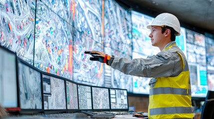 A man in a safety helmet and vest is working in a high-tech control room. He is interacting with large screens displaying maps and complex data.